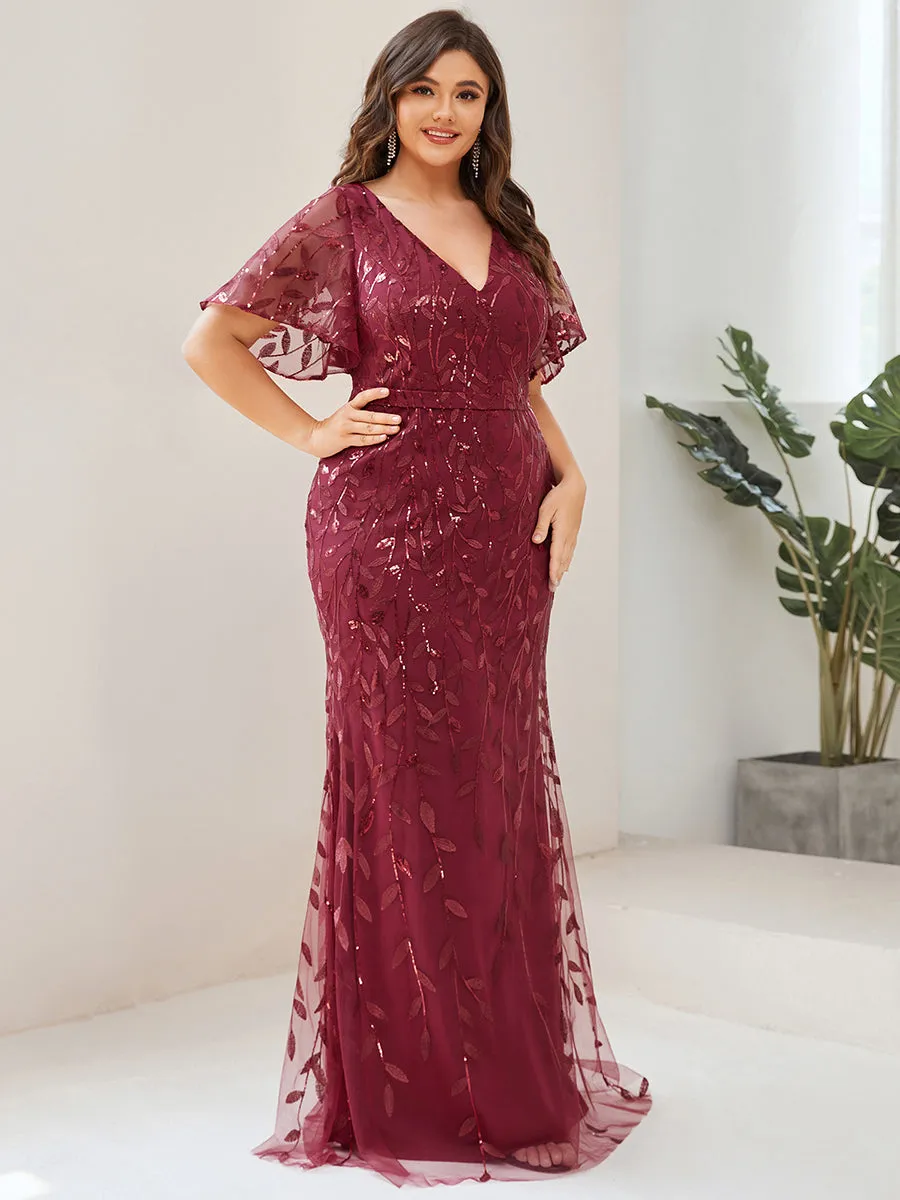 Fashion Plus Size Deep V Neck Wholesale Sequin & Tulle Evening Dress