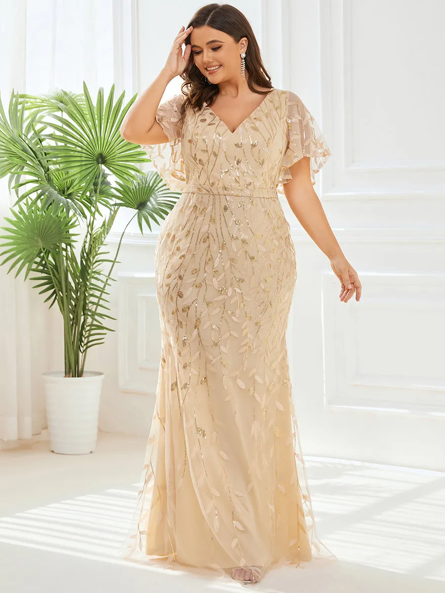 Fashion Plus Size Deep V Neck Wholesale Sequin & Tulle Evening Dress