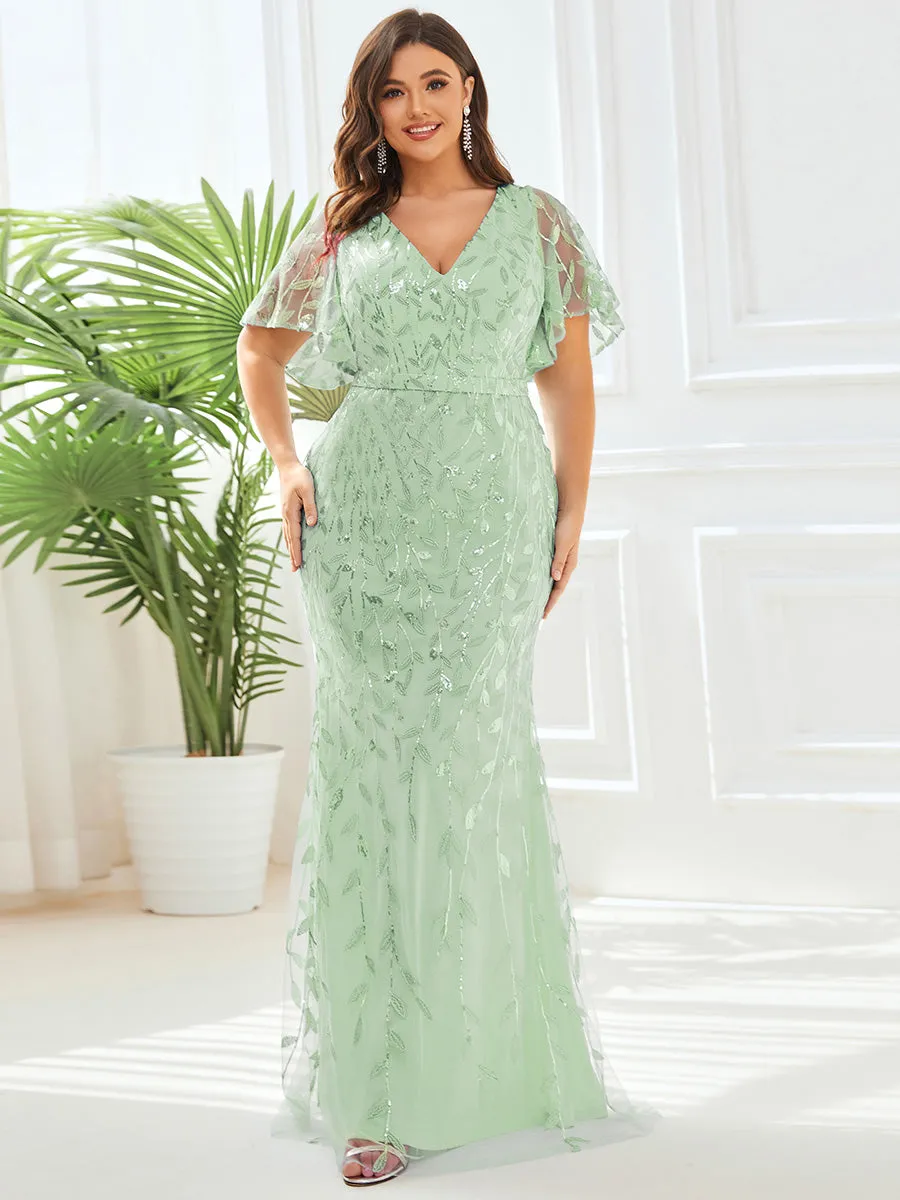 Fashion Plus Size Deep V Neck Wholesale Sequin & Tulle Evening Dress