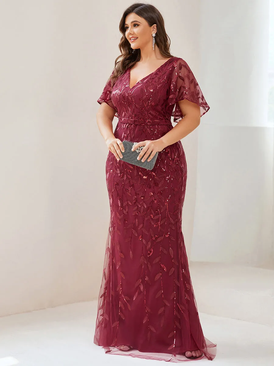 Fashion Plus Size Deep V Neck Wholesale Sequin & Tulle Evening Dress