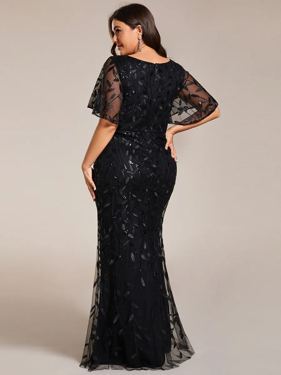 Fashion Plus Size Deep V Neck Wholesale Sequin & Tulle Evening Dress