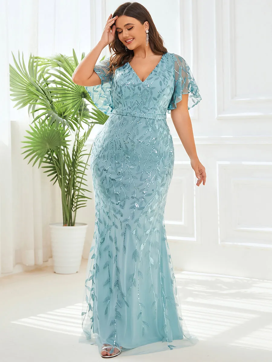 Fashion Plus Size Deep V Neck Wholesale Sequin & Tulle Evening Dress