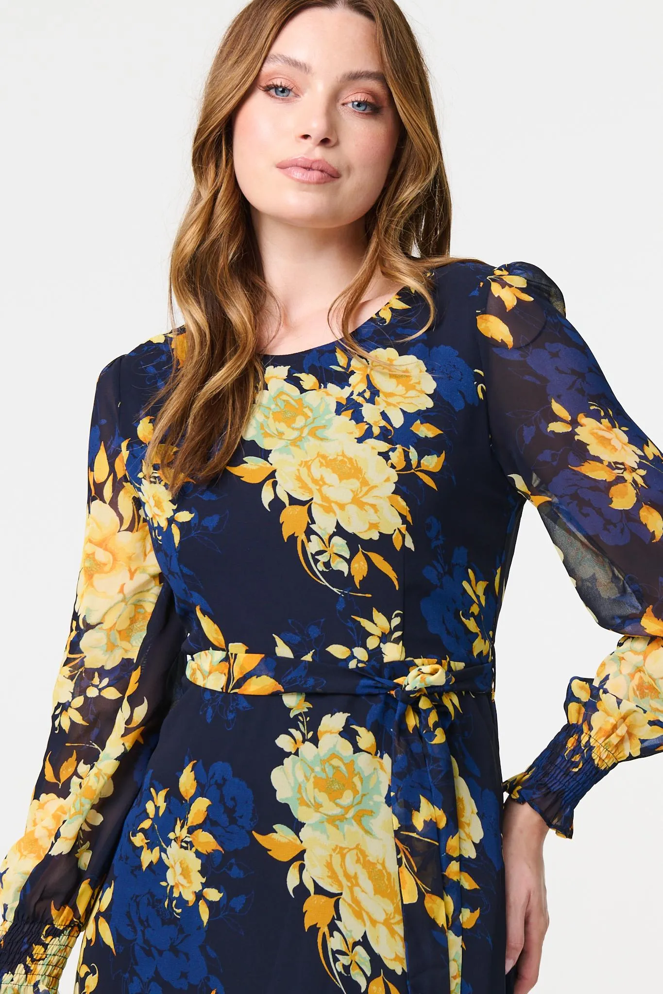 Floral Long Sleeve Chiffon Midi Dress