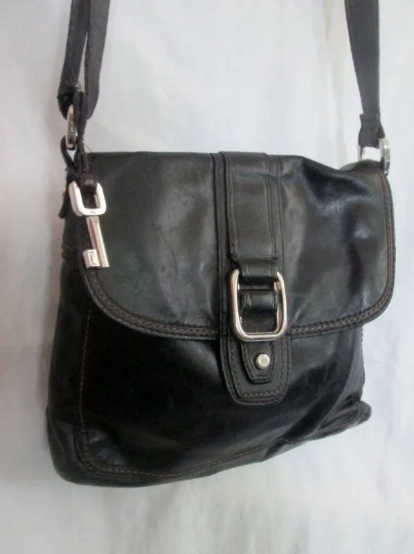 FOSSIL leather messenger satchel shoulder hobo saddle flap bag BLACK M key