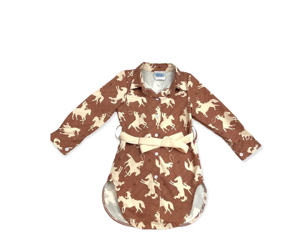 Girl's Shea Baby Brown Running Horse Button Up Long Sleeve Dress