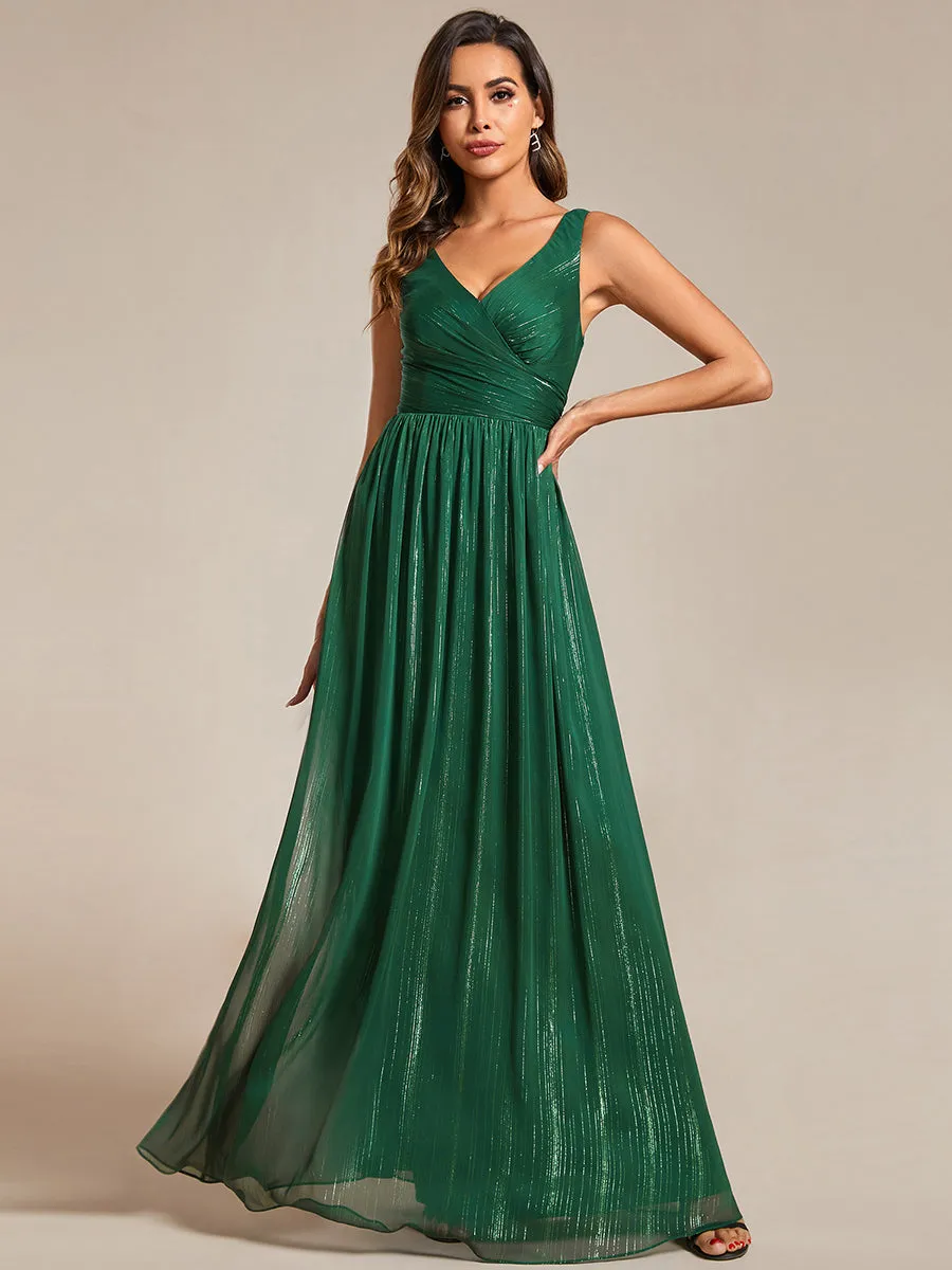 Glittery Floor Length V-Neck Sleeveless Evening Dress