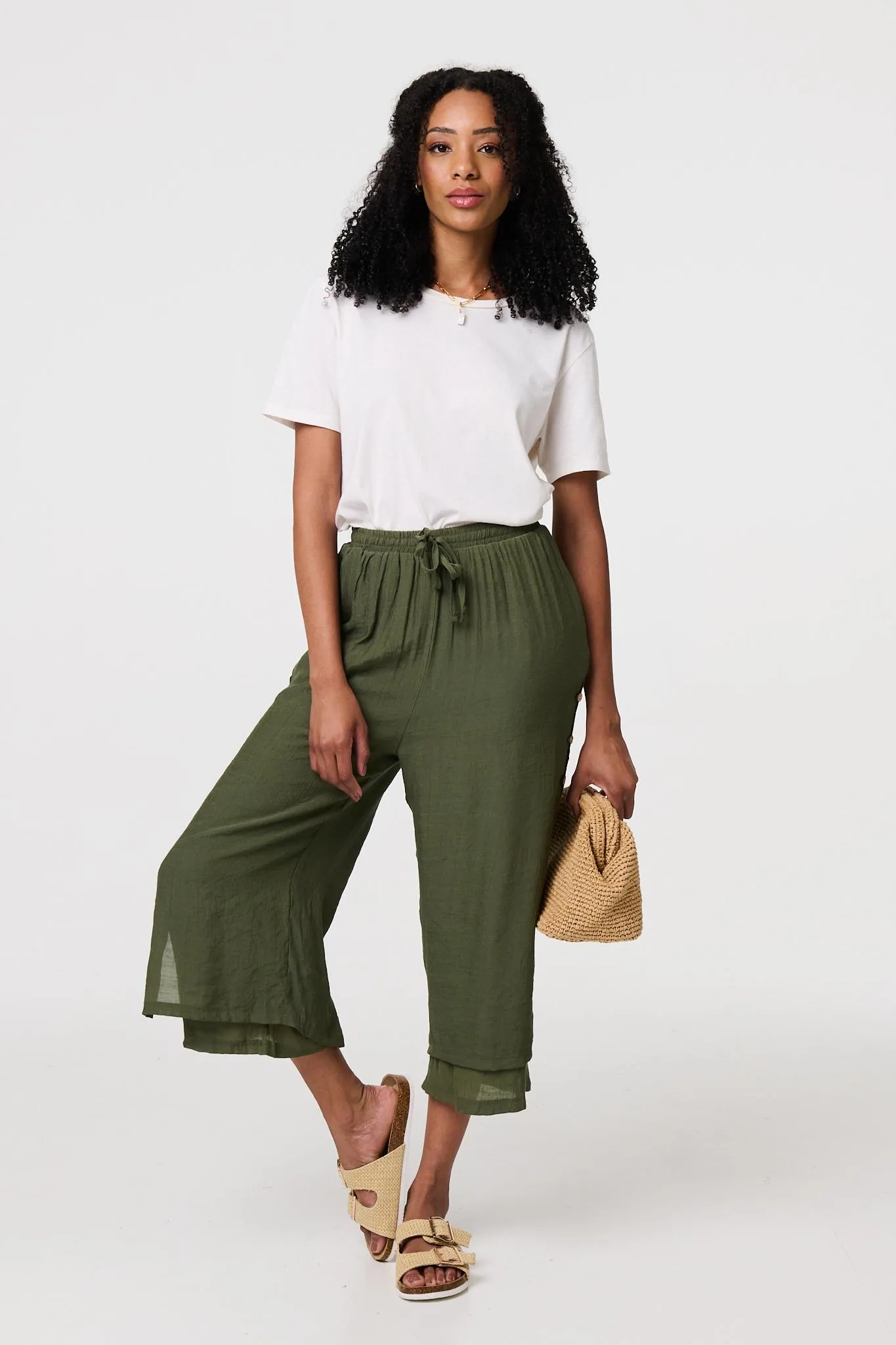 High Waist Layered Hem Cropped Trousers