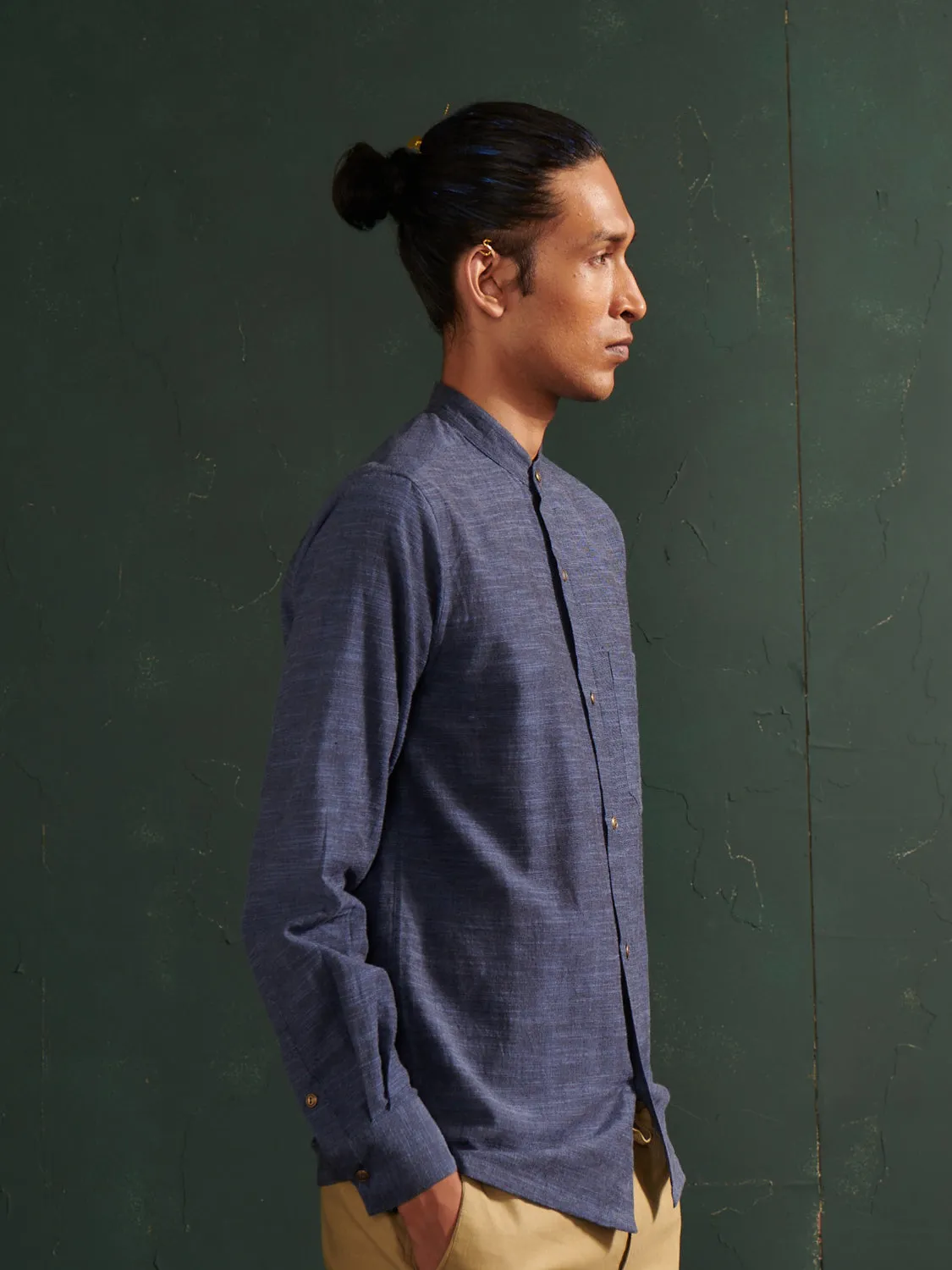 Ink Blue Chambray Mandarin Collar Shirt