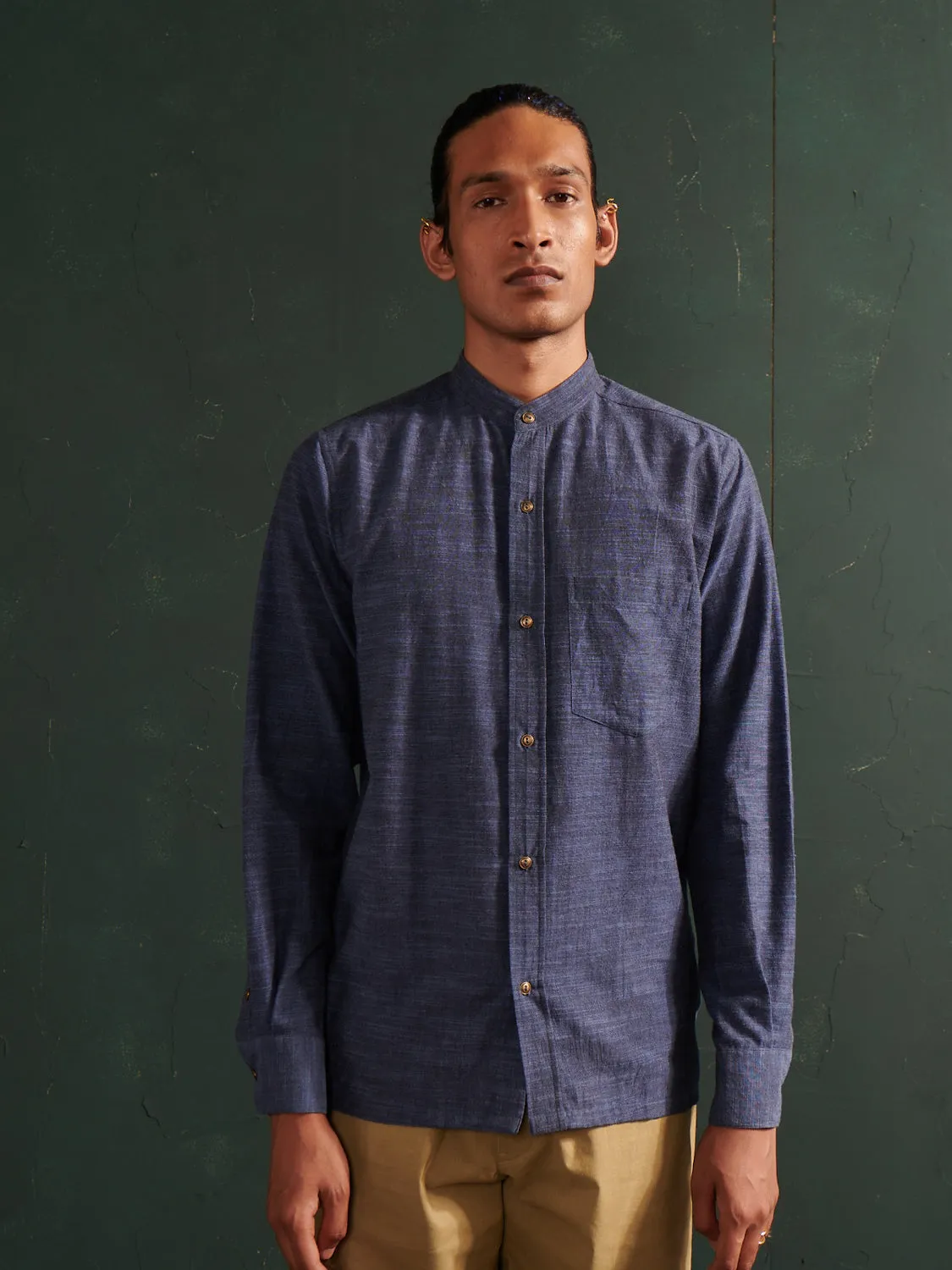 Ink Blue Chambray Mandarin Collar Shirt