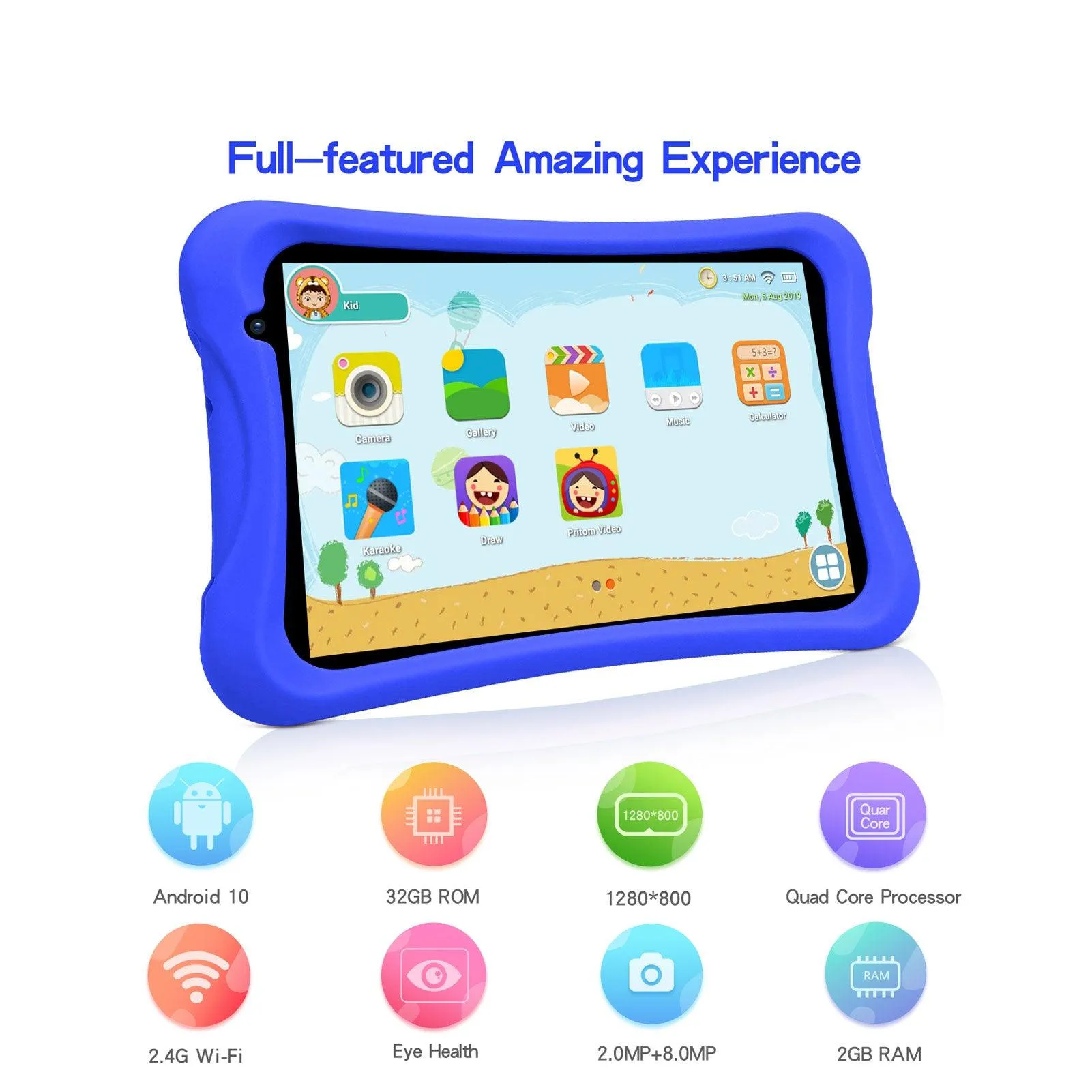 Kids 8" Tablet with HD Screen, Preloaded and ready to use, Quad Core Processor, Android OS and Parental Control, 2GB RAM, 32GB ROM,  2MP   8MP Dual Camera, Free Kids-Tablet Case