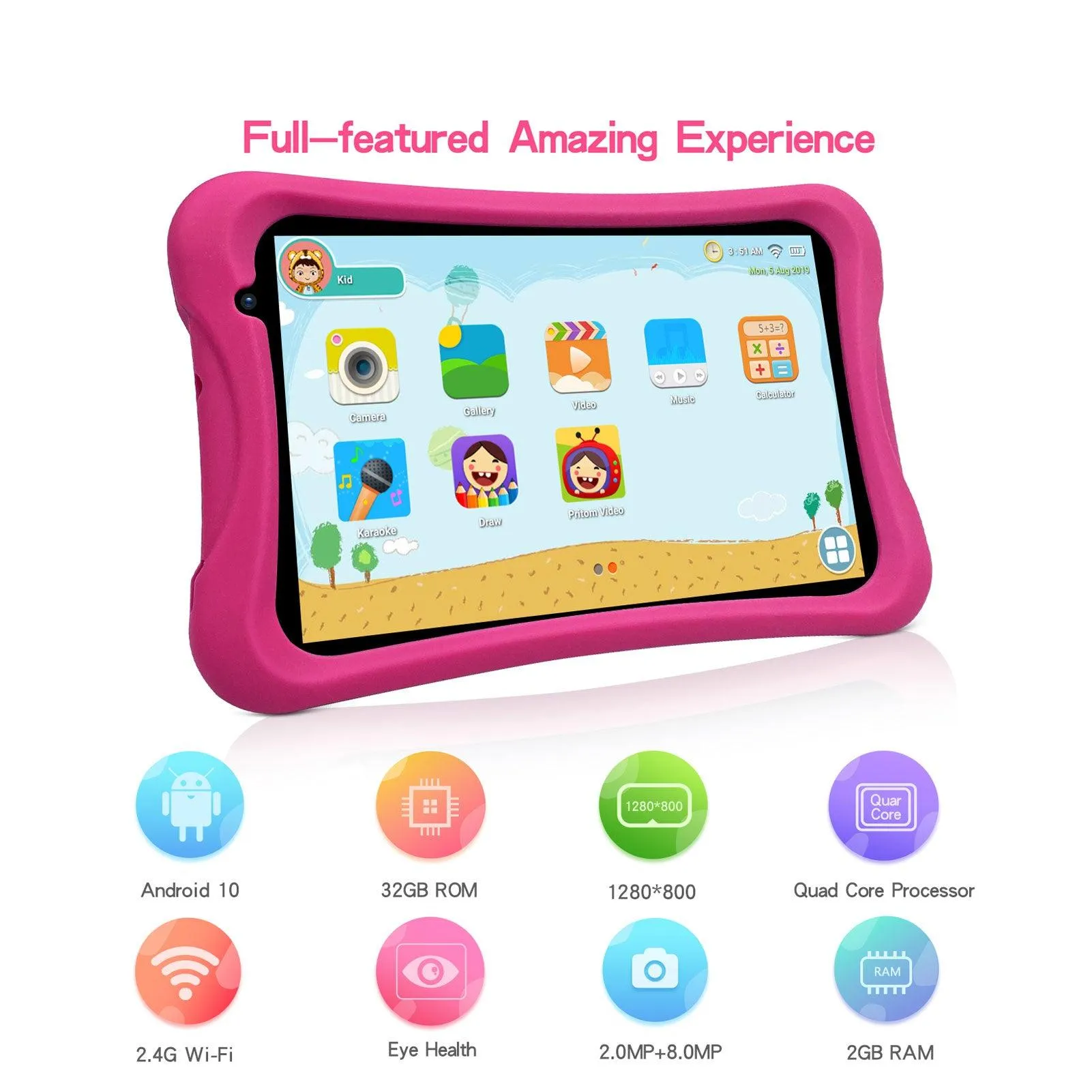 Kids 8" Tablet with HD Screen, Preloaded and ready to use, Quad Core Processor, Android OS and Parental Control, 2GB RAM, 32GB ROM,  2MP   8MP Dual Camera, Free Kids-Tablet Case