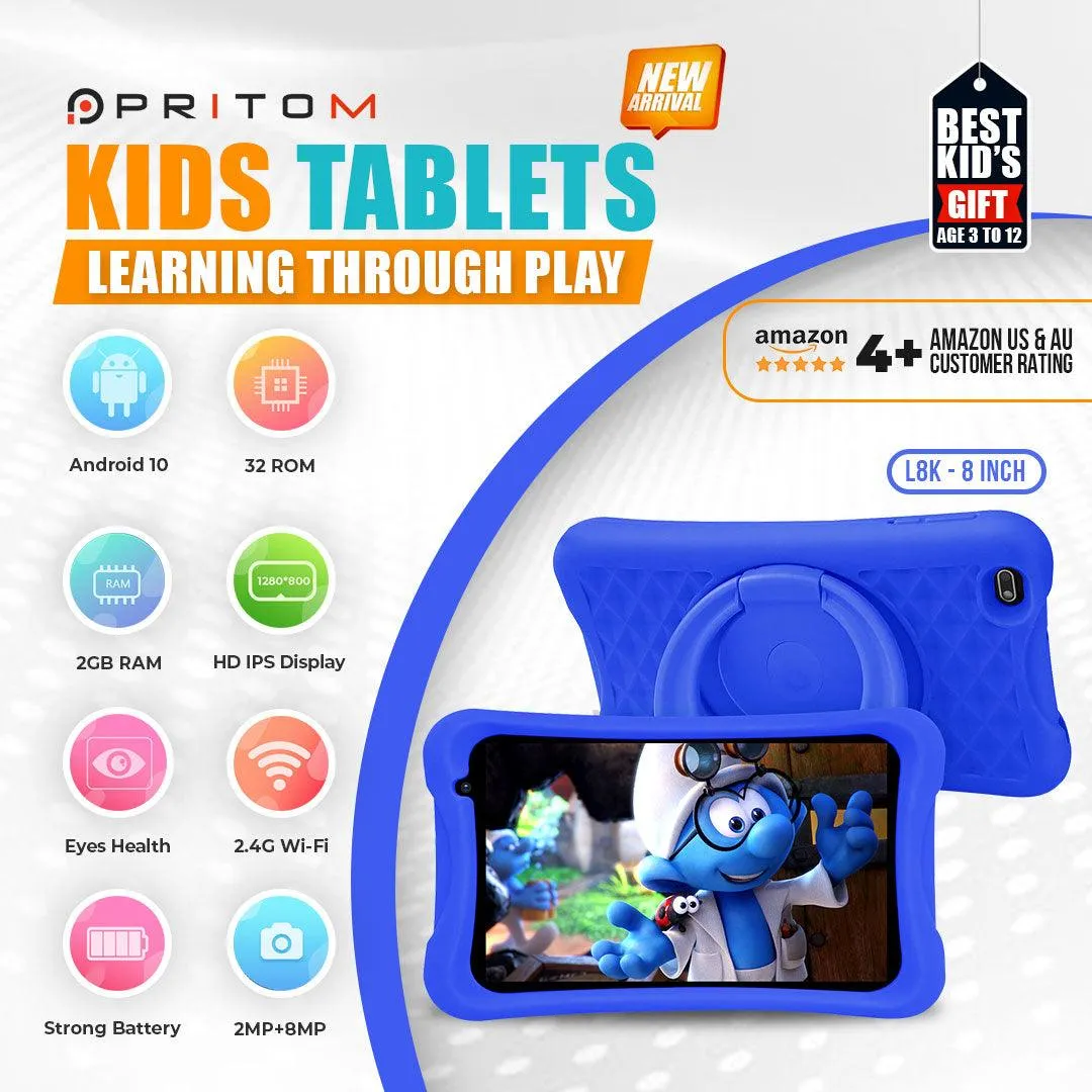 Kids 8" Tablet with HD Screen, Preloaded and ready to use, Quad Core Processor, Android OS and Parental Control, 2GB RAM, 32GB ROM,  2MP   8MP Dual Camera, Free Kids-Tablet Case