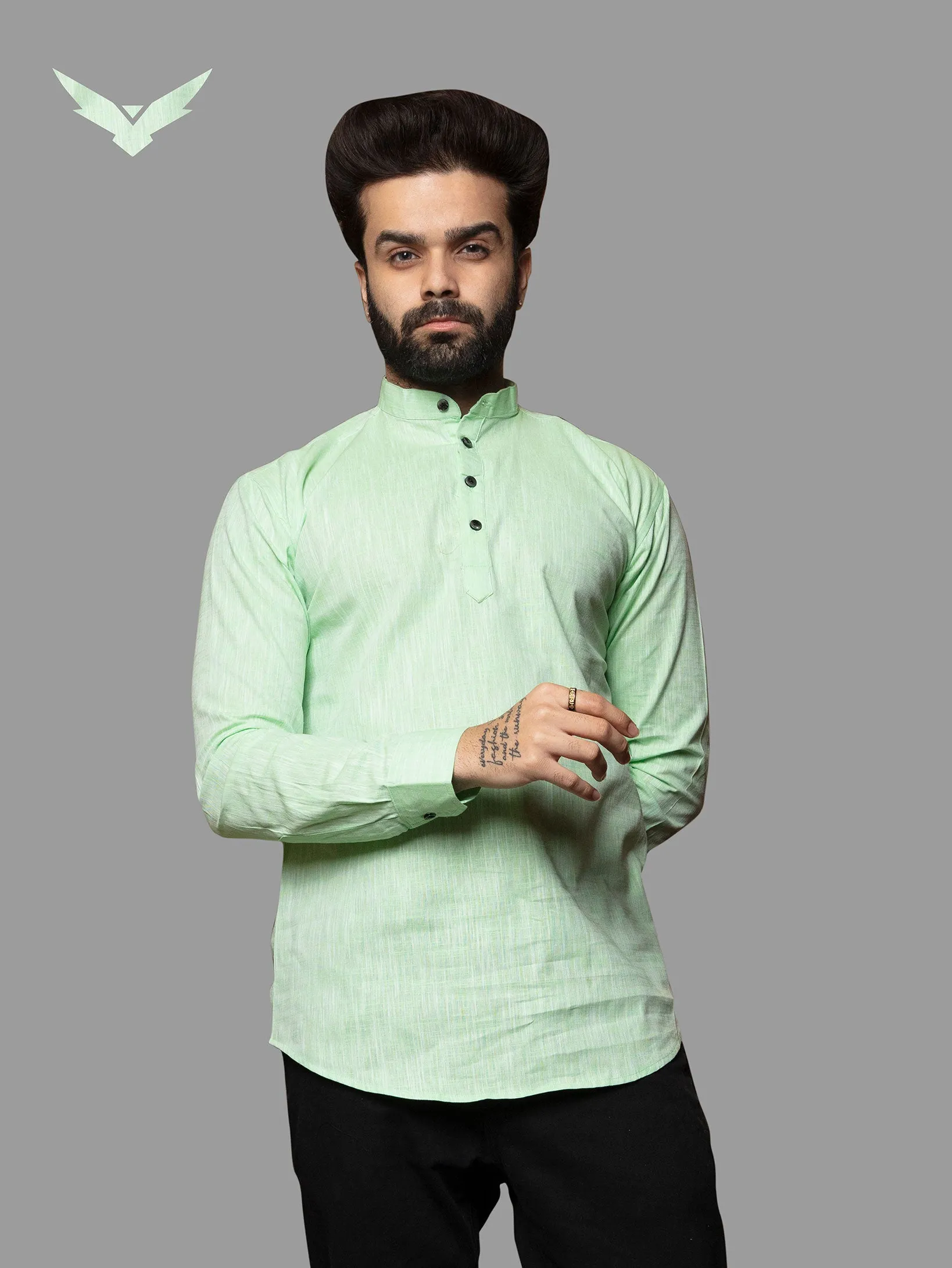 Parrot Cotton Linen Mandarin Collar Kurta Shirt