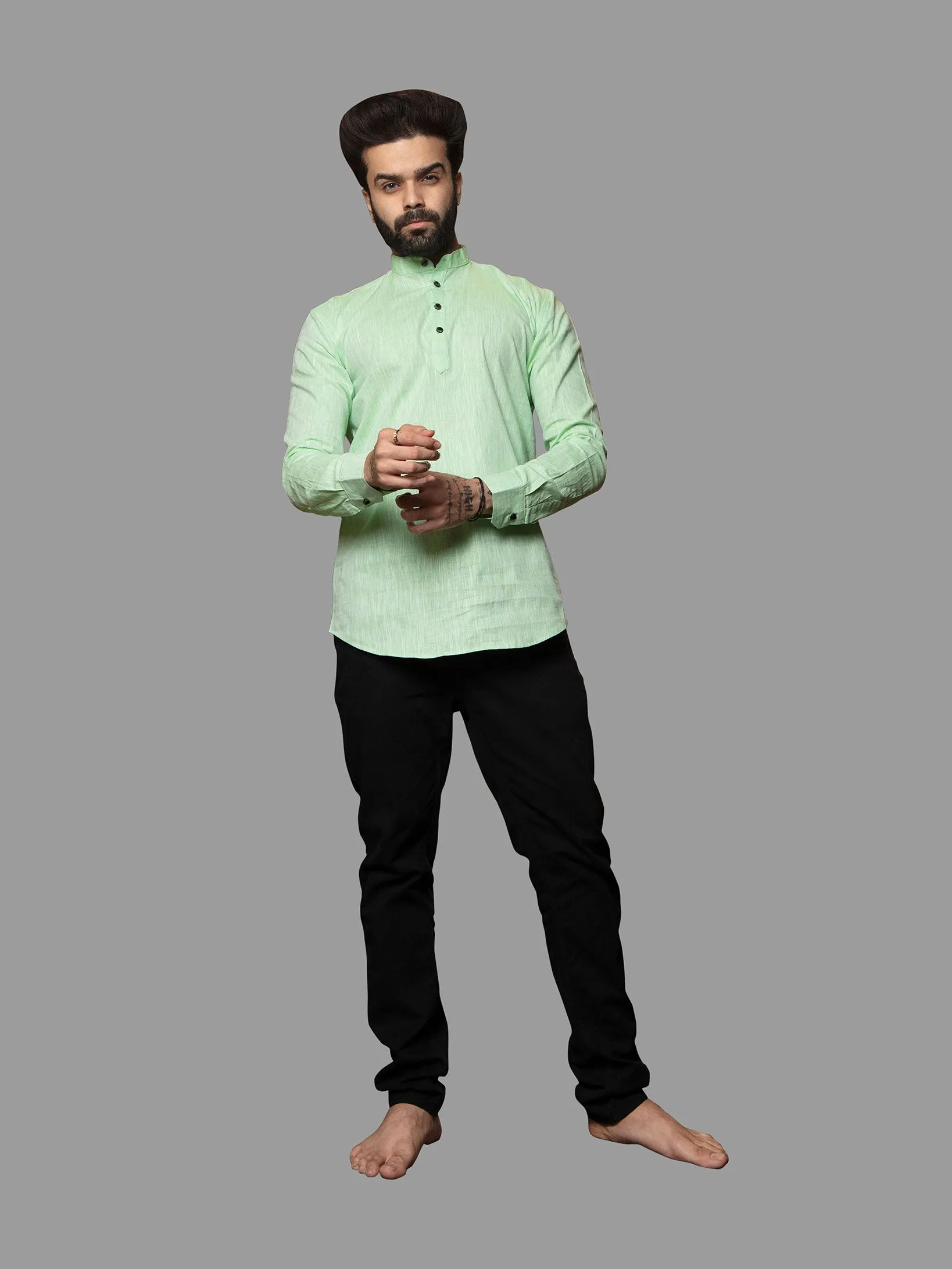 Parrot Cotton Linen Mandarin Collar Kurta Shirt