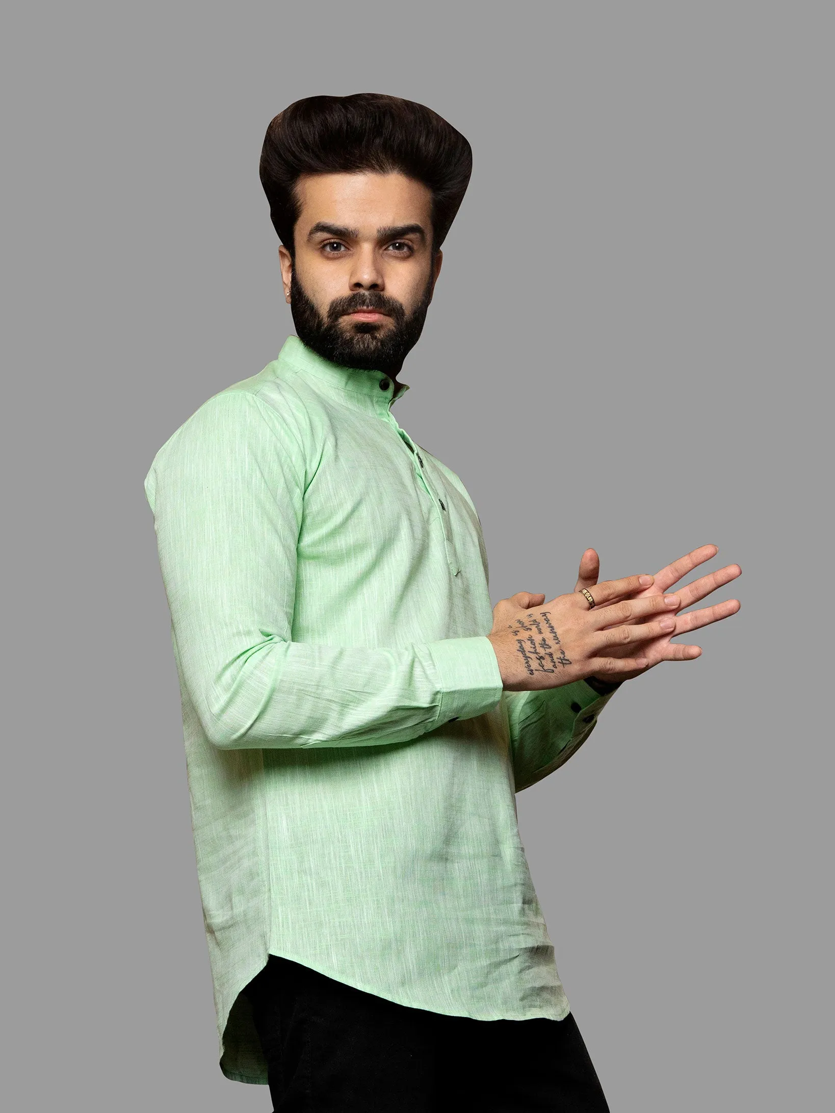 Parrot Cotton Linen Mandarin Collar Kurta Shirt