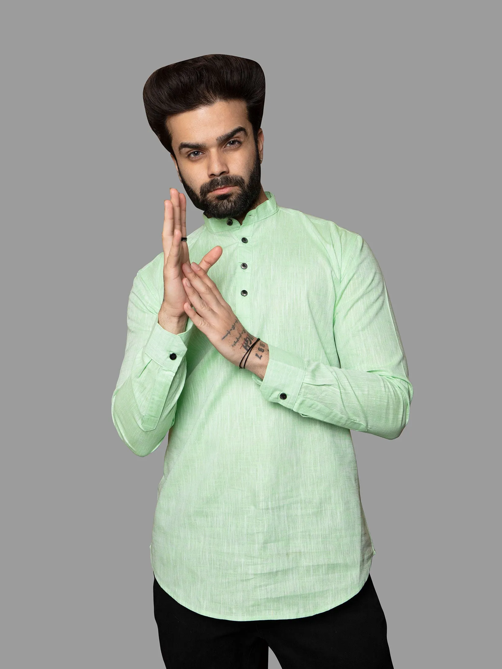 Parrot Cotton Linen Mandarin Collar Kurta Shirt