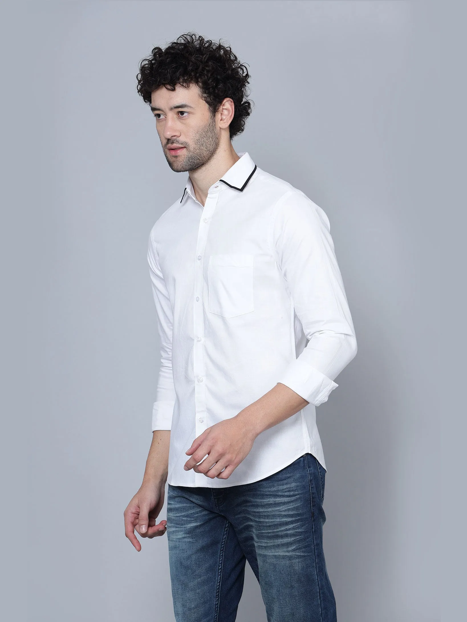 Premium Quality Cotton White designer Black Cordon Collar Shirt