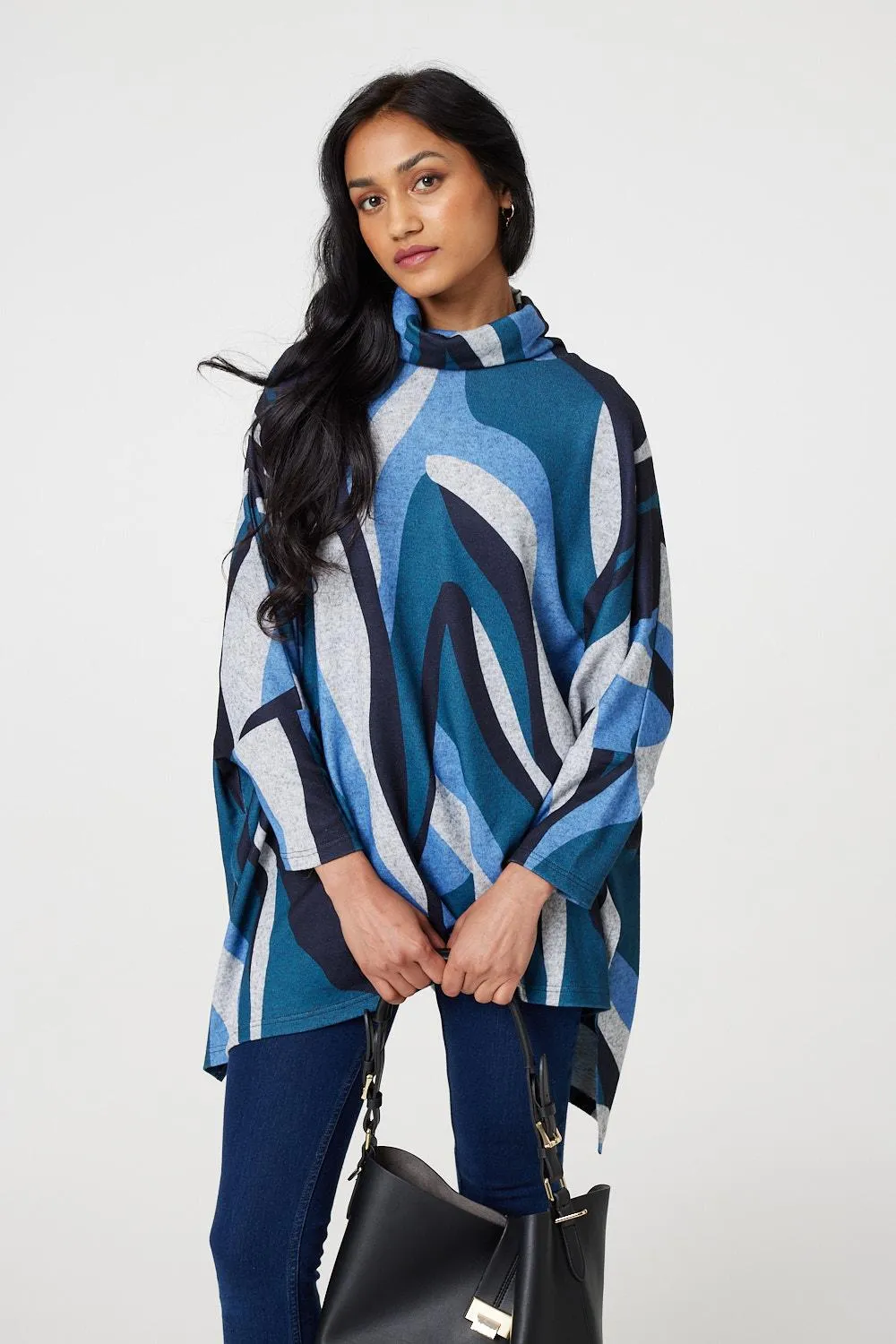 Printed Roll Neck Oversized Tunic Top