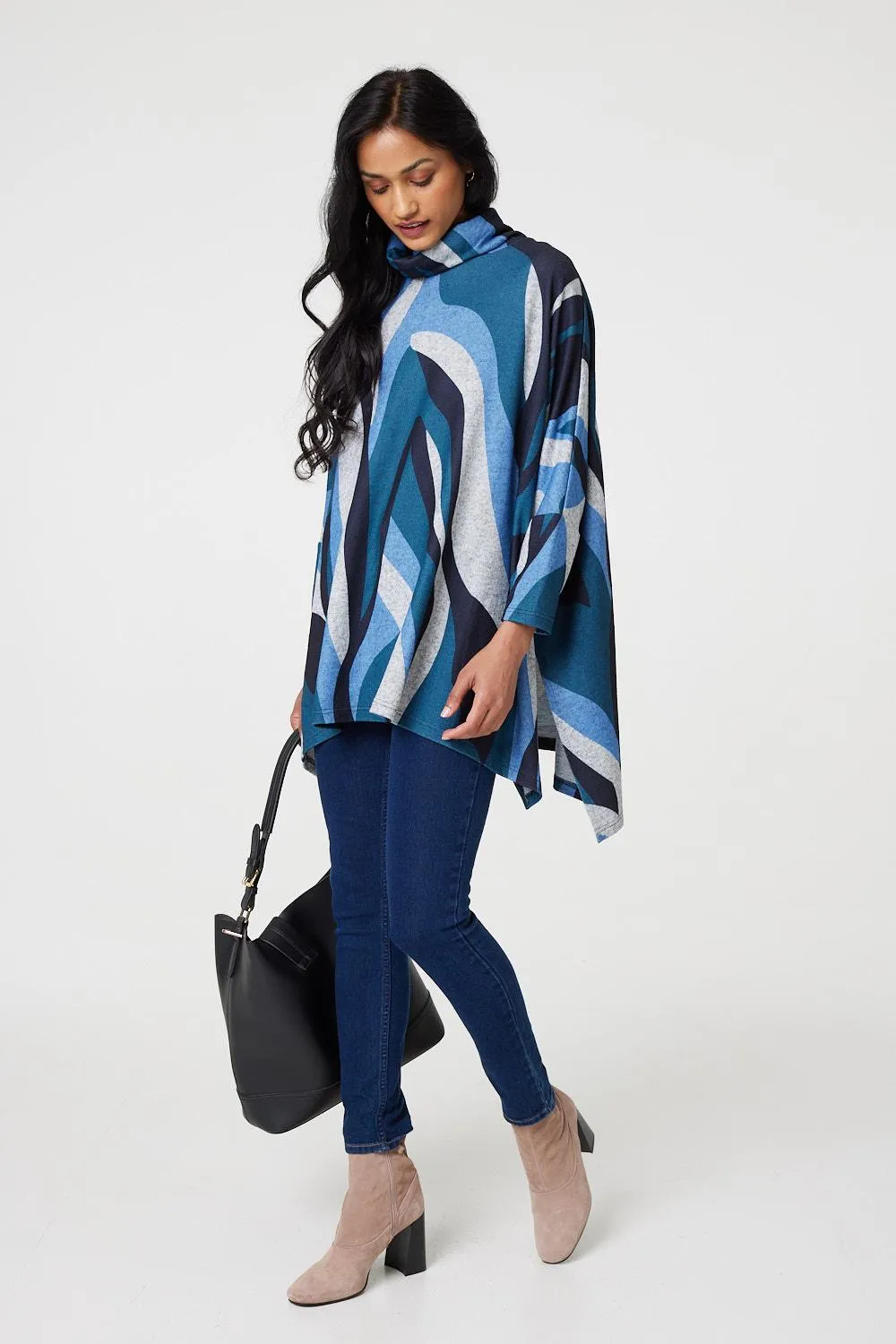 Printed Roll Neck Oversized Tunic Top