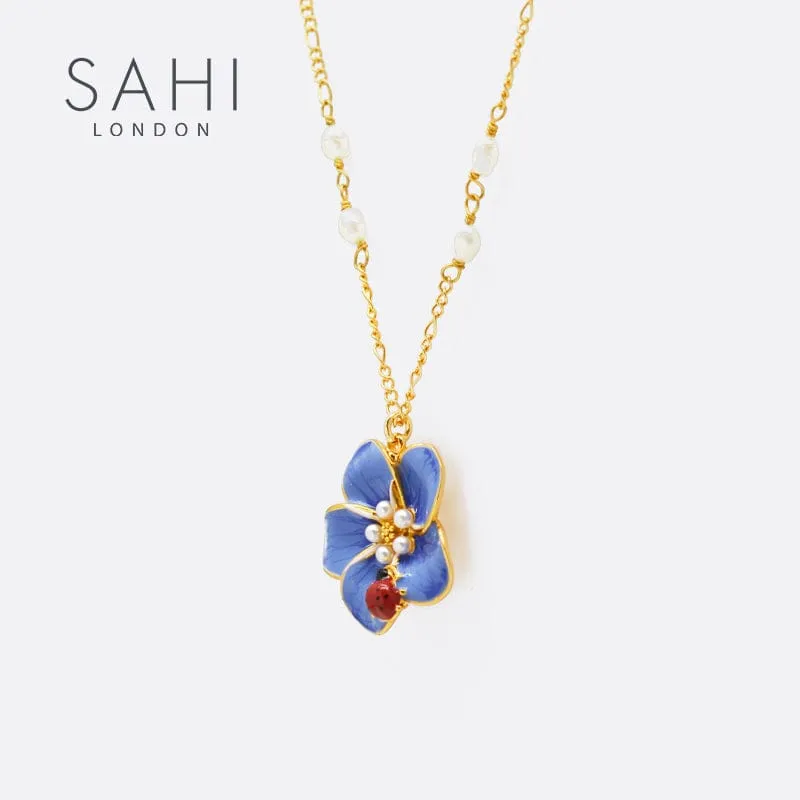 Sahi Pearl Chain Blue Flower Red Beetle Necklace