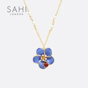 Sahi Pearl Chain Blue Flower Red Beetle Necklace