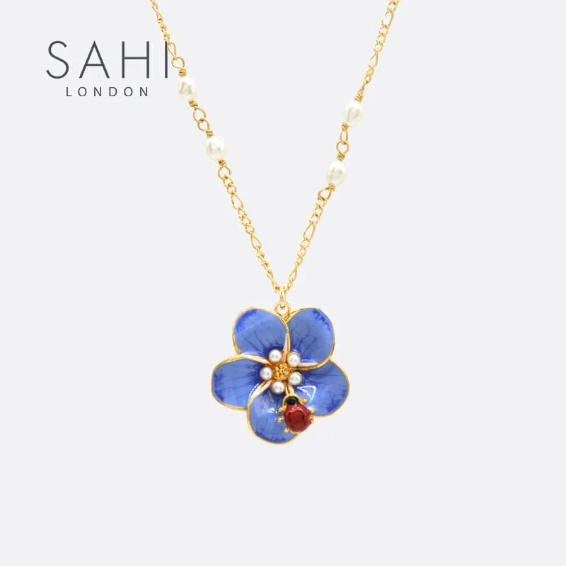 Sahi Pearl Chain Blue Flower Red Beetle Necklace