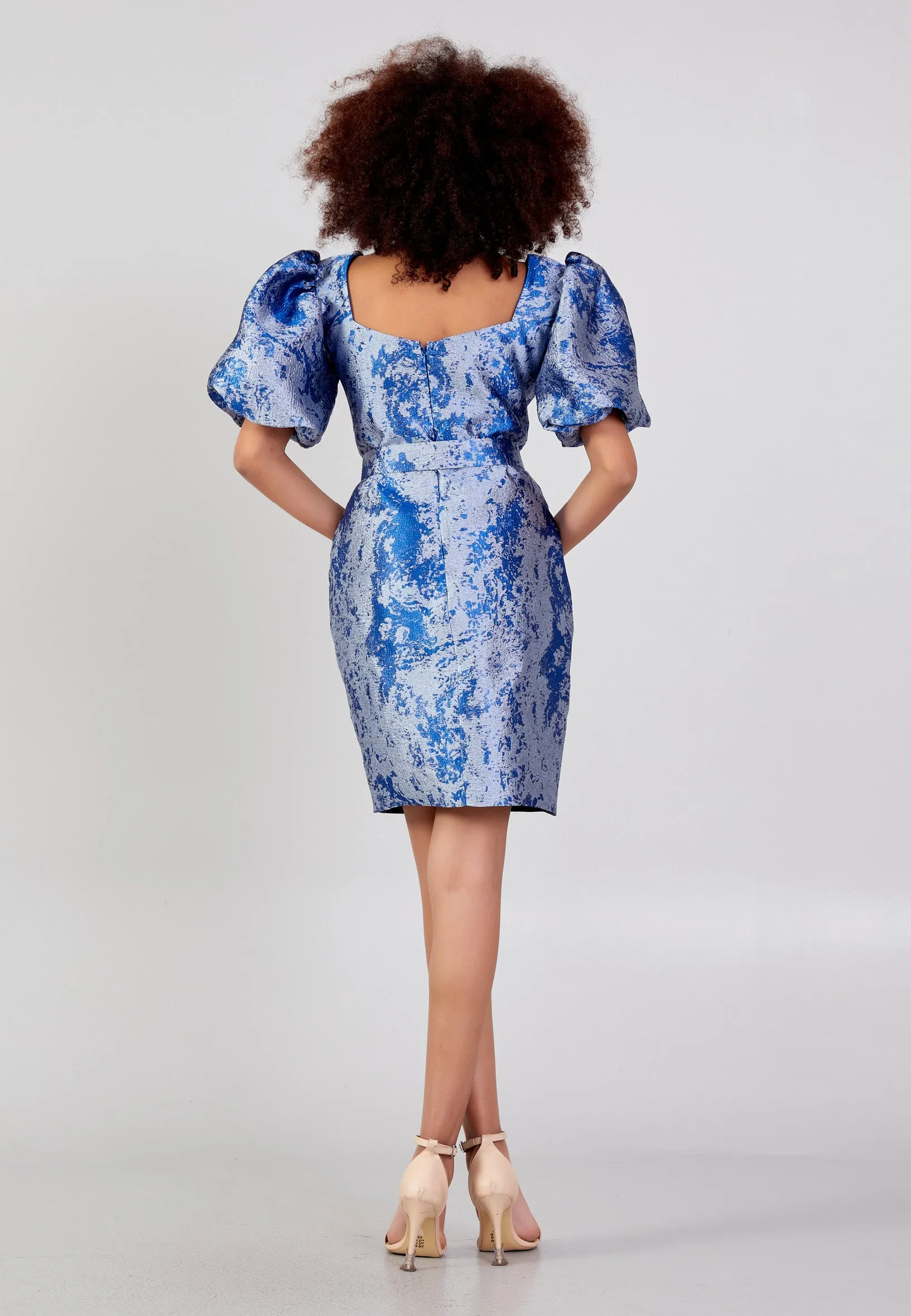 Short Puffy Sleeve Mini Column Cocktail Dress - Silver Blue