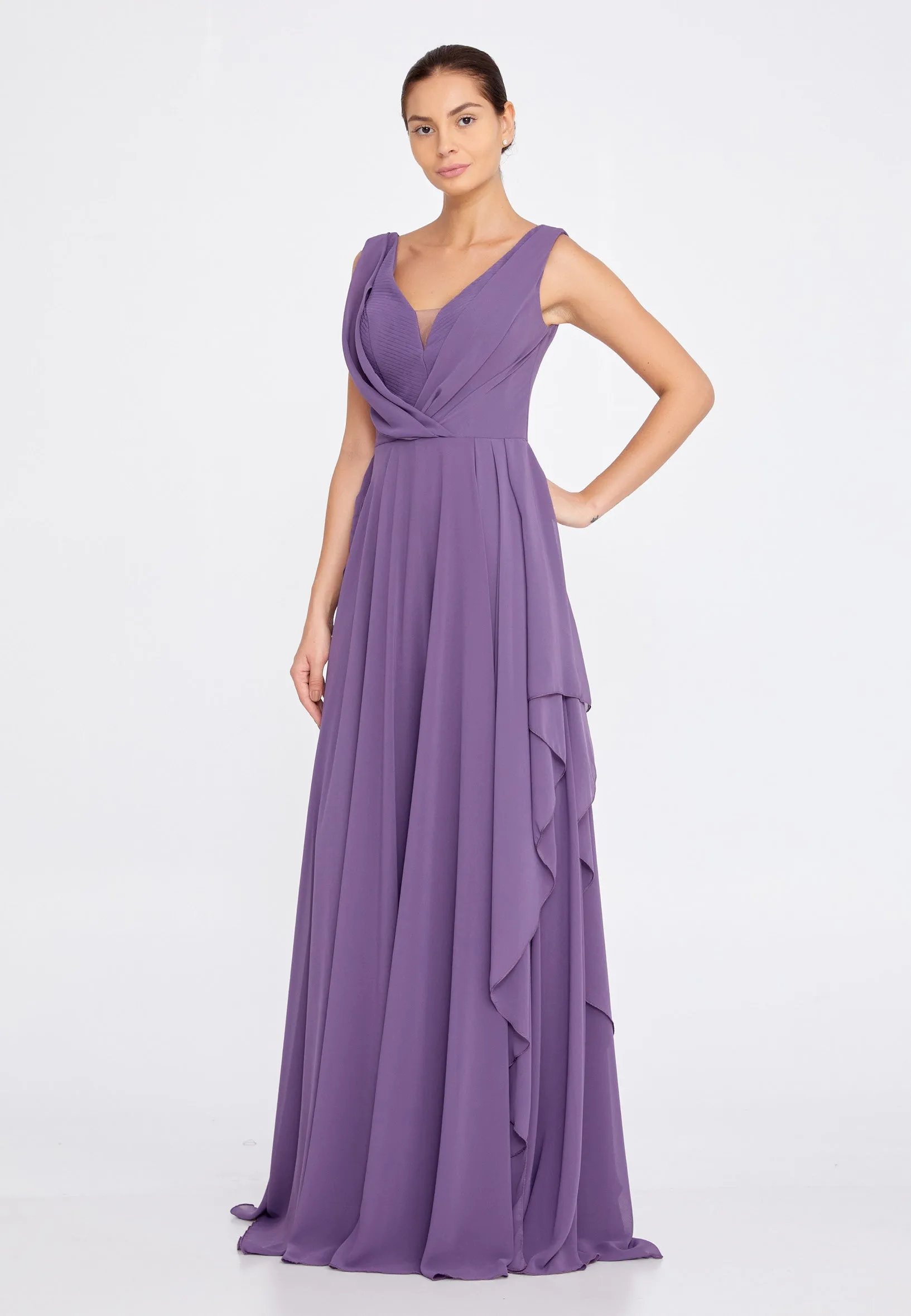 Sleeveless Maxi Chiffon A-Line Wedding Guest Dress - Purple