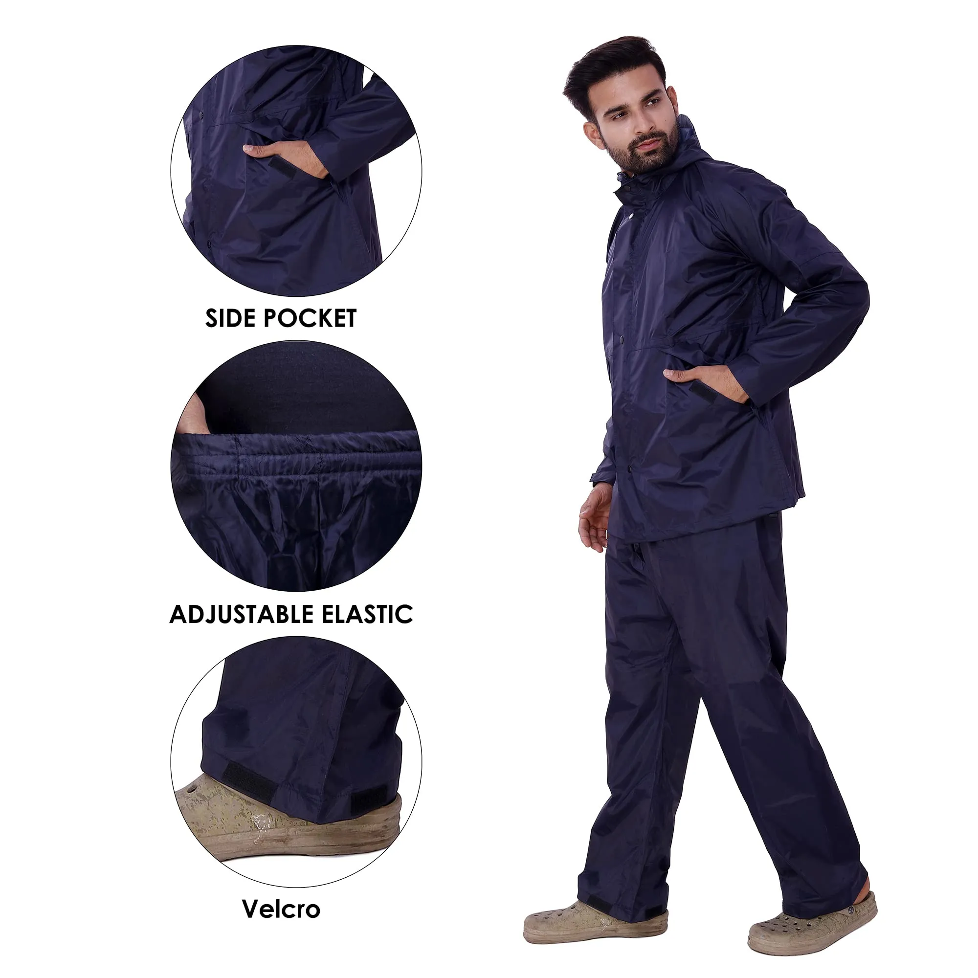 THE CLOWNFISH Bluford Rain Coat for Men Waterproof for Bike Raincoat for Men with Hood Nylon Material. Set of Top and Bottom. Bluford Series (Navy Blue, X-Large)