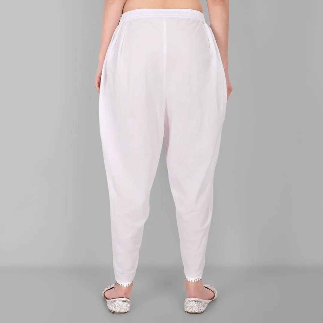 White Cotton Tulip Pant with Lace