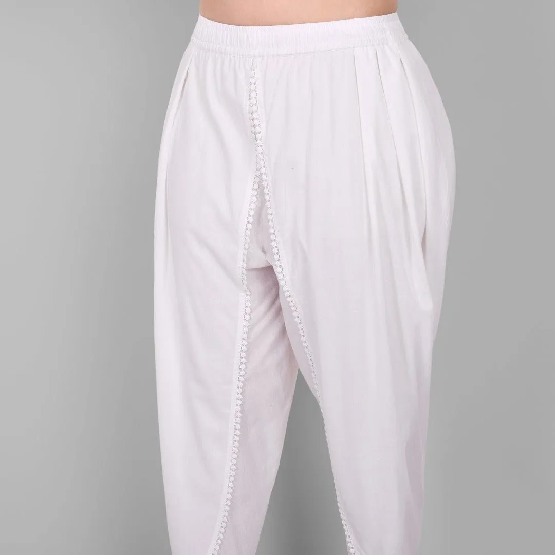 White Cotton Tulip Pant with Lace