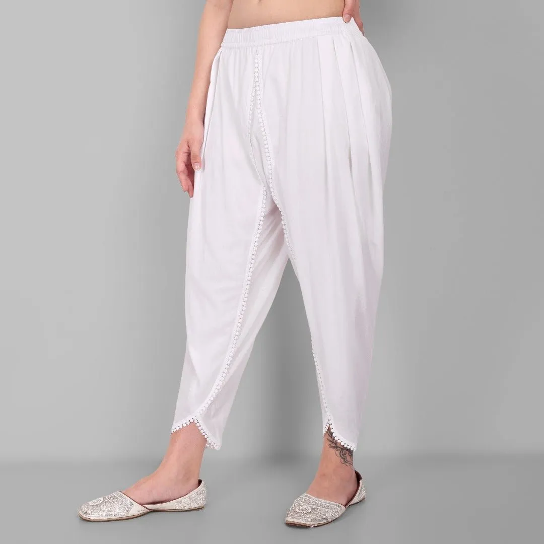 White Cotton Tulip Pant with Lace