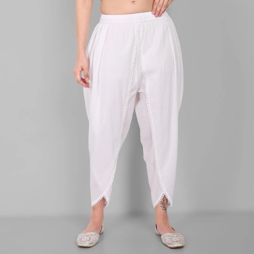 White Cotton Tulip Pant with Lace